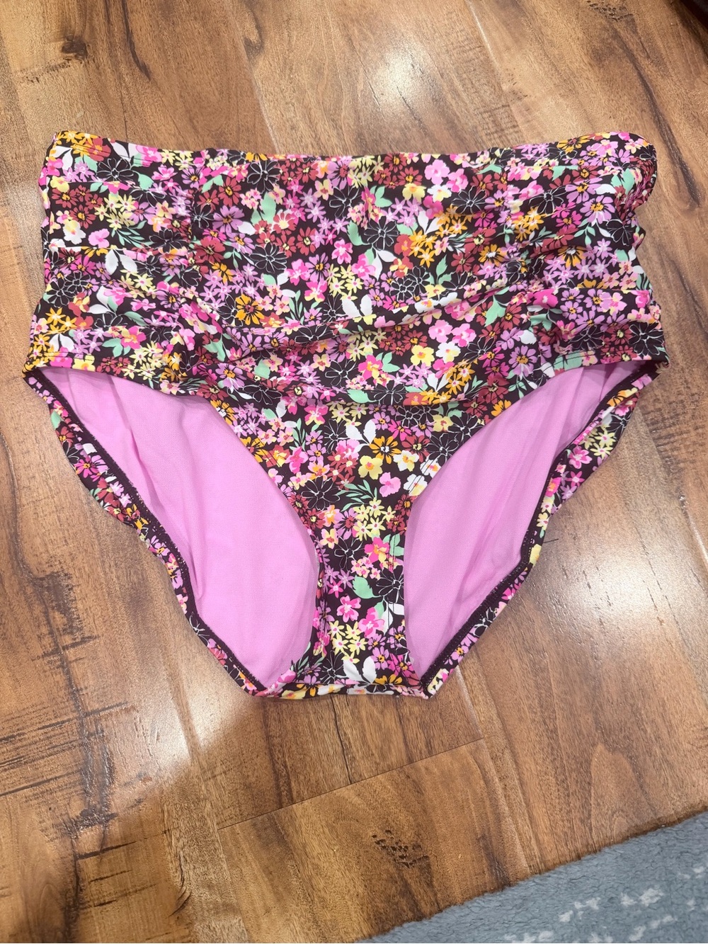 California Waves Floral High-Rise Bikini Bottoms in Pink and Black